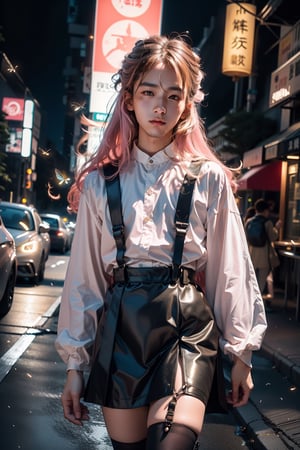  1 japanese man, male face ,  freckles ,at night in the city ,cute man ,blue eyes and a pink long hair , kawaii , wearing mini skirt, harness, side bag, stockings BREAK,firefliesfireflies