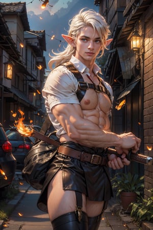  1 man, male face ,  freckles ,at night in the city  ,blue eyes , white hair  , no shirt, male chest ,wearing leather bag on side, wearing white skirt, harness, stockings BREAK,firefliesfireflies,elf ears,battoujutsu