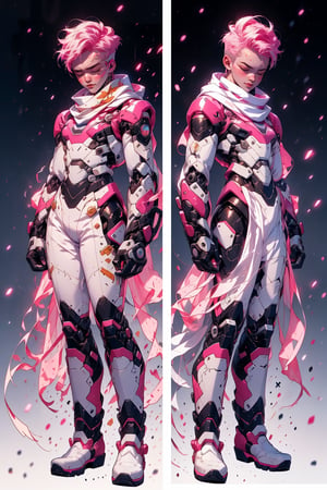  1 man, male face , short white hair, twink body, freckles face ,closed eyes  , kawaii ,perfect light,ruanyi0288,pink bodysuit,boots,mecha, a big white scarf,r1ge,(CharacterSheet:1),(multiple views, full body, upper body, reference sheet:1)