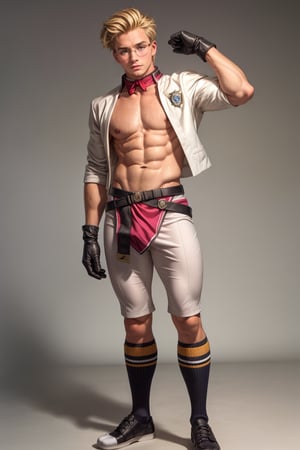 1 man,  blonde medium hair man , full body , blue eyes, man body, sweaty body , sexy face, pink florest backwards  ,  male chest   ,ranoa magic academy school uniform , high gloves , high socks , glasses 