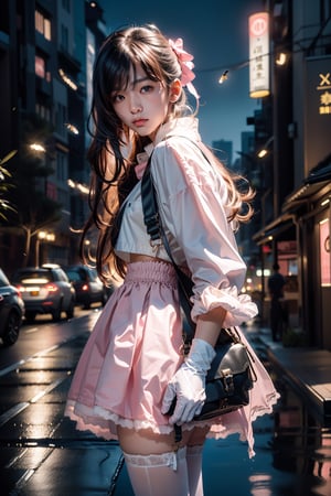  1 japanese man, male face , white gloves ,   ,at night in the city ,cute man ,blue eyes and a pink long hair , kawaii , wearing mini skirt, harness, side bag, stockings BREAK,firefliesfireflies