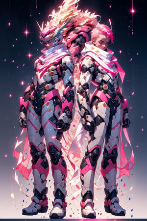  1 man, male face , short white hair, twink body, freckles face ,closed eyes  , kawaii ,perfect light,ruanyi0288,pink bodysuit,boots,mecha, a big white scarf,r1ge,(CharacterSheet:1),(multiple views, full body, upper body, reference sheet:1)