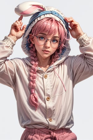  1 man, male face, yong guy , pink braid hair, twink body, freckles face,  ,blue eyes, cute round glasses  , kawaii ,ventidef, beret,perfect light,BnnBnn,rabbit pose