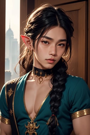 1 man, twink body, very beautiful black eyes,braid hair, freckles face,   , kawaii  , elf ear ,A Asian man  , adorned with a sexy choker,wrenchftmfshn,fantasy clothing