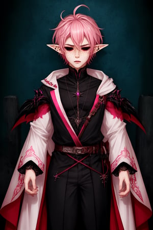  1 man, male face , short pink hair, twink body, white eye, freckles face , kawaii ,perfect light , elf ear,fantasy clothing,wrenchftmfshn,Completely_black_eyes,dark_sclera,empty eyes,black sclera ,vtuber-fullbody