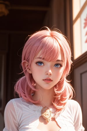 1girl, solo, looking at viewer, bangs, blue eyes, hair between eyes, jewelry, closed mouth, upper body, pink hair, indoors, mole, blurry, lips, blurry background, realistic, nose,klee (genshin impact),klee_genshin , klee clothes