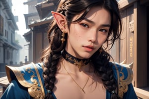 1 man, twink body, very beautiful black eyes,braid hair, freckles face,   , kawaii  , elf ear ,A Asian man  , adorned with a sexy choker,wrenchftmfshn,fantasy clothing