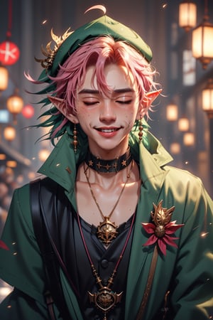 1 man, twink body, closed eyes,short pink hair, freckles face,   , kawaii  , elf ear ,A Asian man  , adorned with a sexy choker,wrenchftmfshn,fantasy clothing,Light particles  , ventidef, beret,venti (genshin impact) , harness,glasglow_smile,cut_cheks