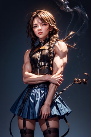 A braid long brown hair man, lite muscular body, brown eyes, serious look, smolking one vaper ,fighting_stance, blue bedroom background, wearing mini blue skirt, harness, stockings BREAK, sex pose