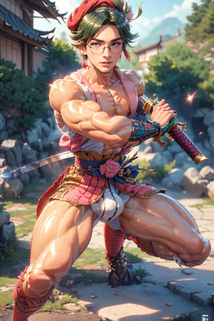  1 man, male face , pink samurai bun hair, twink body, big round glasses, perfect male body posing with swords in hand, freckles face  , blue eyes  , kawaii ,ventidef, beret,venti (genshin impact),battoujutsu,dwarfoil,3d animation,ancient dragon