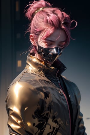 1man  , pink hair, twink body, freckles face   , detailed skin. trendy hairstyle, closed eyes, Heleans a little, standing, medium long shot, luxurious library in background, tender smile,blindmask,blind mask,gold mask,halo mask