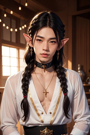 1 man, twink body, very beautiful black eyes,braid hair, freckles face,   , kawaii  , elf ear ,A Asian man  , adorned with a sexy choker,wrenchftmfshn,fantasy clothing