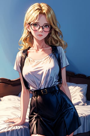 A blond dark hair pretty woman, cute glasses,  brown eyes, shy look ,fighting_stance, blue bedroom background, wearing mini black skirt,  , harnesses, white T-shirt, stockings BREAK, shy pose,  