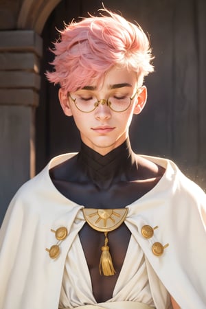  1 man, male face , short pink hair, twink body, freckles face, ,closed eyes  , kawaii ,perfect light,white cape white robe,1boy glasses