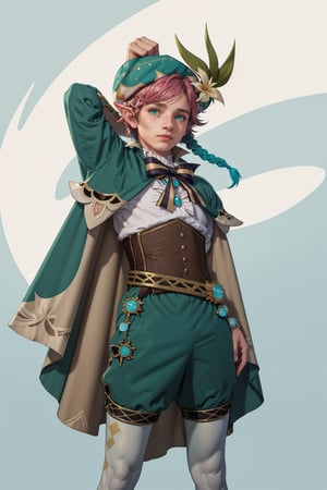  1 man, male face , braid pink hair, twink body, freckles face, ,green eyes  , kawaii  , elf ear, venti clothes,wrenchftmfshn, freckles all over the body,venti (genshin impact),ventidef, hat flower, GREEN SHORTS,CAPE,JEWELRY, BROOCH, LONG SLEEVES, FRILLED SLEEVES,CORSET, WHITE PANTYHOSE, white shirt,BOW, beret, with furry tail