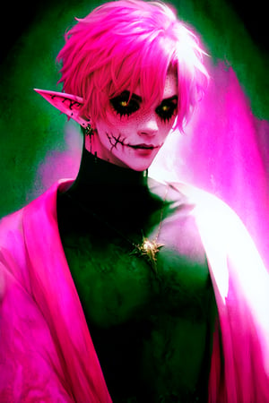  1 man, male face , short pink hair, twink body, freckles face , kawaii ,perfect light , elf ear,fantasy clothing,wrenchftmfshn,Completely_black_eyes,dark_sclera,empty eyes,black sclera ,glasglow_smile,cut_cheks