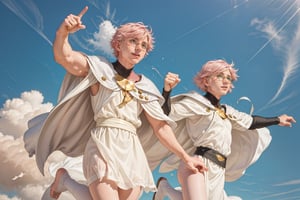  1man, male face , short pink hair, twink body, freckles face, ,green eyes  , kawaii ,perfect light,white cape white robe, glasses,kirara_jump,multiple_girls