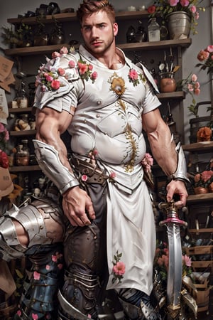 full armor, wearing armor, armor, 1man, pink bedroom background, wearing mini white skirt, slender boy , shy face  , dark hair , cute face , brown eyes, man body, sweaty body , sexy face, pink florest backwards , Greek skirt , full male body, male  ,flower4rmor,thicc , well done details, full of details , ,battoujutsu , ,b33rb3lly