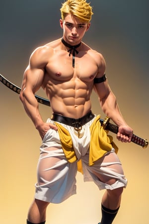 1 man, blonde hair man , full body , blue eyes, man body, sweaty body , sexy face, yellow florest backwards , naked ,  male chest  , yellow florest bedroom background, yellowHood male , sexy choker  ,yellowHoodWaifu,battoujutsu