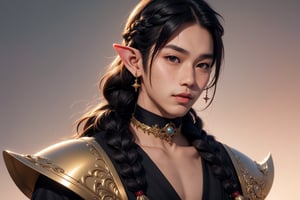 1 man, twink body, very beautiful black eyes,braid hair, freckles face,   , kawaii  , elf ear ,A Asian man  , adorned with a sexy choker,wrenchftmfshn,fantasy clothing