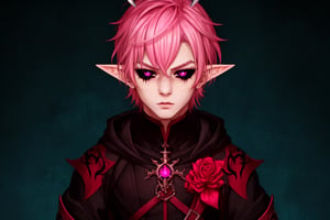  1 man, male face , short pink hair, twink body, freckles face , kawaii ,perfect light , elf ear,fantasy clothing,wrenchftmfshn,Completely_black_eyes,dark_sclera,empty eyes,black sclera ,vtuber-fullbody