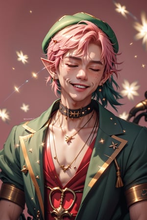 1 man, twink body, closed eyes,short pink hair, freckles face,   , kawaii  , elf ear ,A Asian man  , adorned with a sexy choker,wrenchftmfshn,fantasy clothing,Light particles  , ventidef, beret,venti (genshin impact) , harness,glasglow_smile,cut_cheks