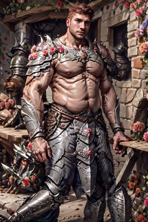 full armor, wearing armor, armor, 1man, pink bedroom background, wearing mini white skirt, slender boy , shy face  , dark hair , cute face , brown eyes, man body, sweaty body , sexy face, pink florest backwards , Greek skirt , full male body, male  ,flower4rmor,thicc , well done details, full of details , ,battoujutsu , ,b33rb3lly