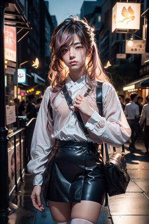  1 japanese man, male face ,  freckles ,at night in the city ,cute man ,blue eyes and a pink long hair , kawaii , wearing mini skirt, harness, side bag, stockings BREAK,firefliesfireflies