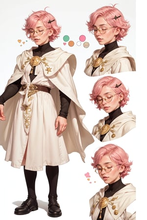  1 woman, short pink hair, freckles face, ,closed eyes  , kawaii ,perfect light,white cape white robe, glasses,(CharacterSheet:1),(multiple views, full body, upper body, reference sheet:1)