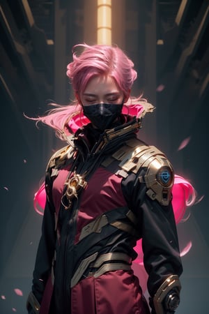 1man  , pink hair, twink body, freckles face   , detailed skin. trendy hairstyle, closed eyes, Heleans a little, standing, medium long shot, luxurious library in background, tender smile,blindmask,blind mask,gold mask,halo mask