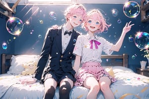 1girl, 1boy, a couple ,white background, bedroom pink background,((Bubbles:1.3)), , cute bronw hair boy , wearing mini pink skirt, harness, stockings BREAK ,blue eyes, clear sparkling deep eyes, smiling, happy, open mouth,refracted sunlight, light spots, sadness, lowered head,short pink hair
pastel,perfect light,bed time