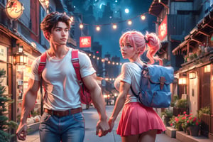  1 japanese man, 1woman, 1couple, male face ,  freckles on the face ,at night in the city ,cute man , white shirte, blue eyes and a pink long hair , kawaii , wearing skirt, harness, cute backpack on the back ,3d animation