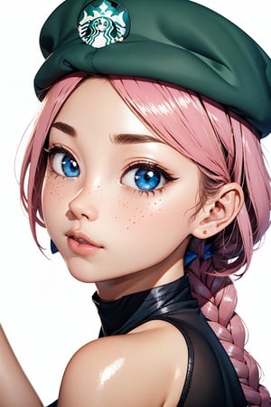  1 woman , pink braid long hair, freckles face  , blue eyes  , kawaii ,ventidef, beret,venti (genshin impact),3d animation