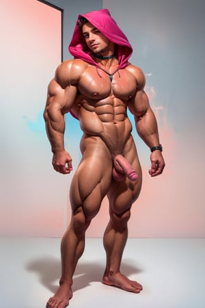 1 man,  muscle man , dark hair man , full body , blue eyes, man body, sweaty body , sexy face, pink florest backwards , naked ,  male chest  , pink florest bedroom background, RedHood male , sexy choker  ,RedHoodWaifu,Man back pose