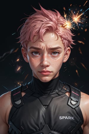  1 man, male face , short pink hair, full twink body, freckles face , black eyes , black background
, kawaii , freckles on the face,Light particles and spark,