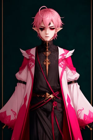  1 man, male face , short pink hair, twink body, freckles face , kawaii ,perfect light , elf ear,fantasy clothing,wrenchftmfshn,Completely_black_eyes,dark_sclera,empty eyes,black sclera ,vtuber-fullbody