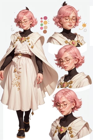  1 woman, short pink hair, freckles face, ,closed eyes  , kawaii ,perfect light,white cape white robe, glasses,(CharacterSheet:1),(multiple views, full body, upper body, reference sheet:1)