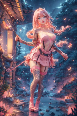 1woman, braid long pink hair man ,  full body , blue eyes, sweaty body ,wearing skirt, harness, stockings BREAK ,sexy face, pink florest backwards , sexy choker  , ,ruanyi0220,firefliesfireflies,3d animation