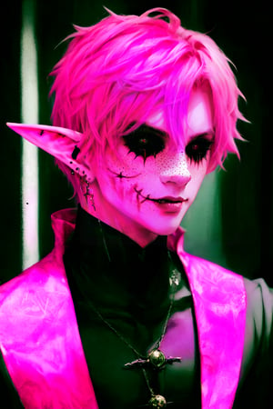  1 man, male face , short pink hair, twink body, freckles face , kawaii ,perfect light , elf ear,fantasy clothing,wrenchftmfshn,Completely_black_eyes,dark_sclera,empty eyes,black sclera ,glasglow_smile,cut_cheks