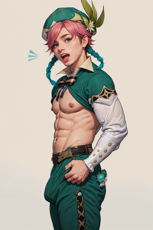  1 man, male face , braid pink hair, twink body, freckles face,  ,green eyes   , kawaii ,ventidef, beret,venti (genshin impact) , open mouth , ,thicc