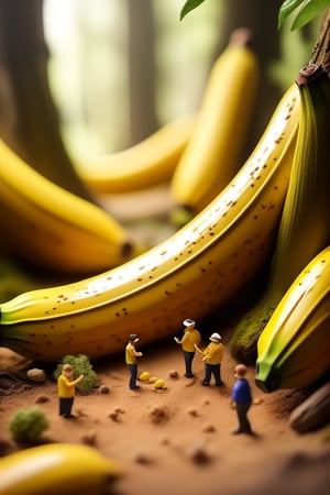 Create a high-quality artistic masterpiece in the field of miniature photography, featuring a group of individuals attempting to move a yellow banana lying on the ground in a forest setting. The scene aims to capture the intricacies and creativity of miniature photography, highlighting the contrast between the small-scale characters and the oversized banana. The goal of the artwork is to produce a stunning image that evokes a sense of wonder and creativity