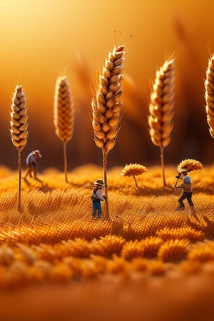 Create a high-quality artistic masterpiece in the field of miniature photography. The scene involves capturing a group of people standing next to a wheat stalk on the ground, surrounded by leaves and flowers. The goal is to produce a stunning image that showcases the intricacy and creativity of miniature photography