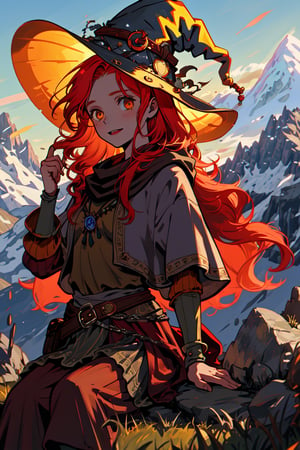 a witch girl, long gree red hair,  in a mountain, high quality, high resolution, high precision, realism, color correction, proper lighting settings, harmonious composition, girl, ancient gipsy clothes