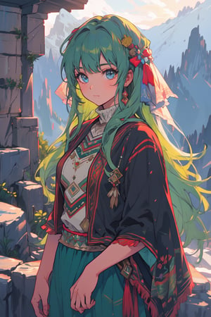 a gipsy girl, long green hair,  in a mountain, high quality, high resolution, high precision, realism, color correction, proper lighting settings, harmonious composition, girl, ancient gipsy clothes