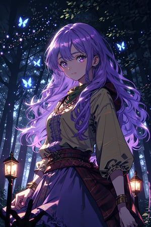 a gypsy adult woman, long violet hair, in a forest at night, cyan fireflies illuminate the night creating magical flashes, high quality, high resolution, high precision, realism, color correction, appropriate lighting settings, harmonious composition, old gypsy clothing