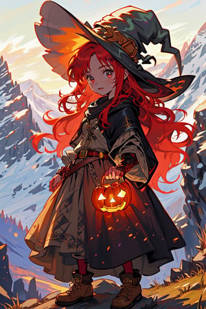 a witch girl, long gree red hair,  in a mountain, high quality, high resolution, high precision, realism, color correction, proper lighting settings, harmonious composition, girl, ancient gipsy clothes