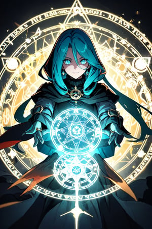 a medieval witch girl, with long cyan hair, ready to attack, in a magic circle, high quality, high resolution, high precision, realism, color correction, proper lighting settings, harmonious composition.,tempestmagic,Circle,Fantasy