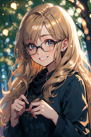 a young lady, sad_face , long blonde-brown hair, with cat eye glasses, whit a smile forest night, high quality, high resolution, high precision, realism, color correction, proper lighting settings, harmonious composition,