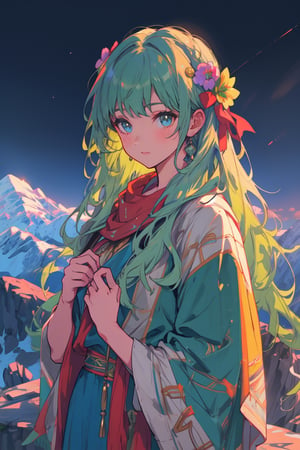 a gipsy girl, long green hair,  in a mountain, high quality, high resolution, high precision, realism, color correction, proper lighting settings, harmonious composition, girl, ancient gipsy clothes