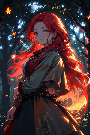 a gypsy adult woman, long red hair, in a forest at night, fireflies illuminate the night creating magical cyan flashes, high quality, high resolution, high precision, realism, color correction, appropriate lighting settings, harmonious composition, old gypsy clothing